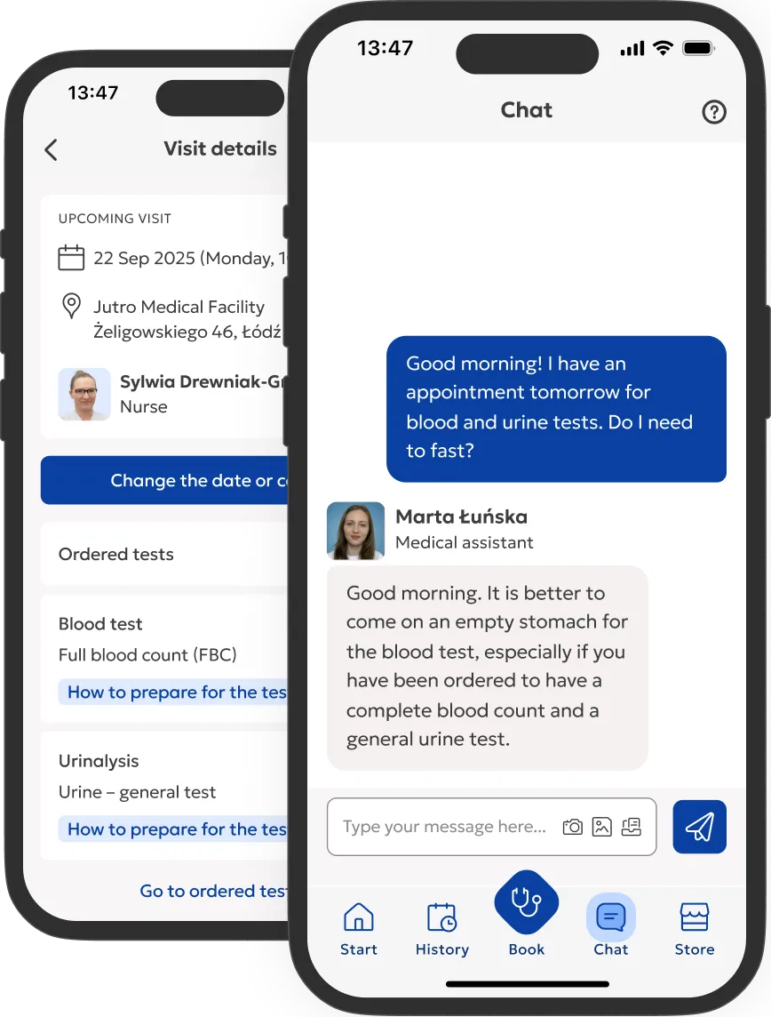 Two phone screens. One shows an upcoming appointment for a blood test. The other screen shows a chat with a patient assistant explaining how to prepare for the test.