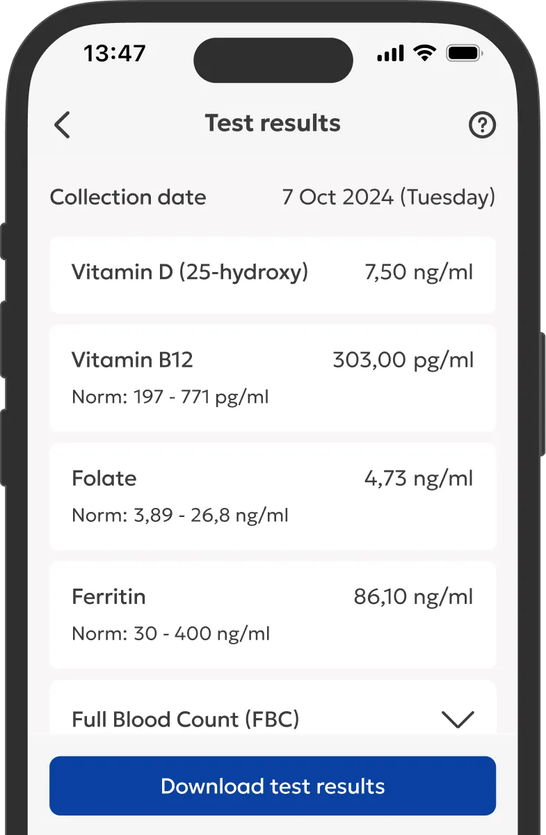Application screen displaying blood test results