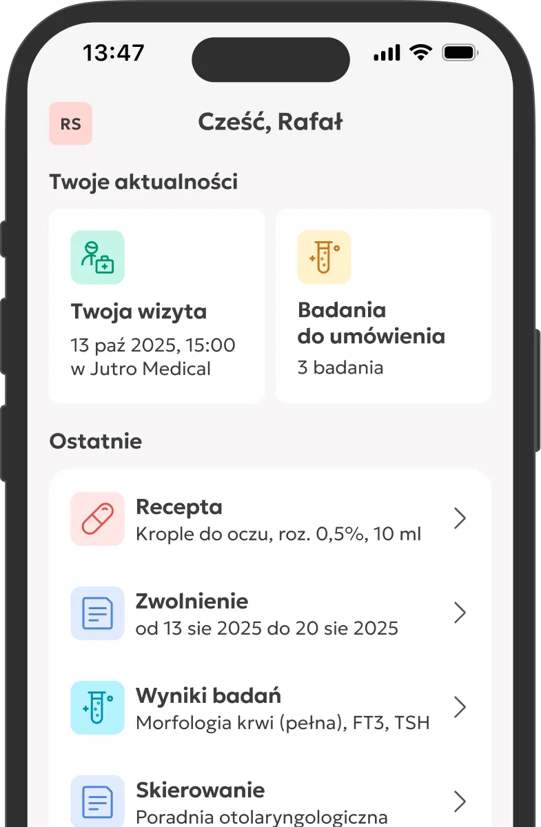 Ekran aplikacji, z którego można umówić badania oraz przejść do wystawionej recepty, zwolnienia lekarskiego, skierowania oraz wyników badań