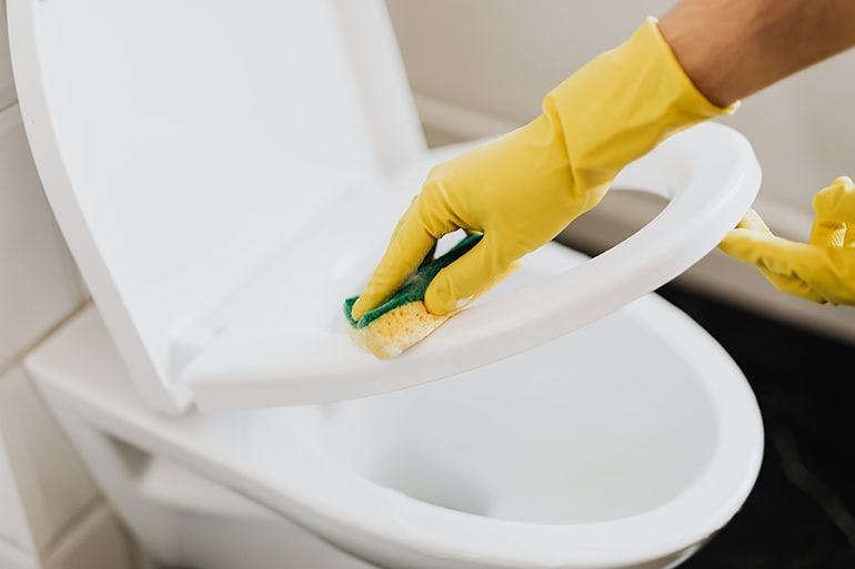 kobieta czyści toaletę by uniknąć norowirusów